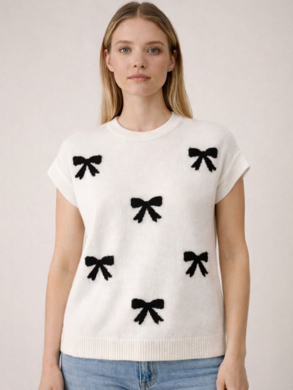 White Bow Knit Sweater Top | Cap Sleeve Minimal Chic 🤍🖤
